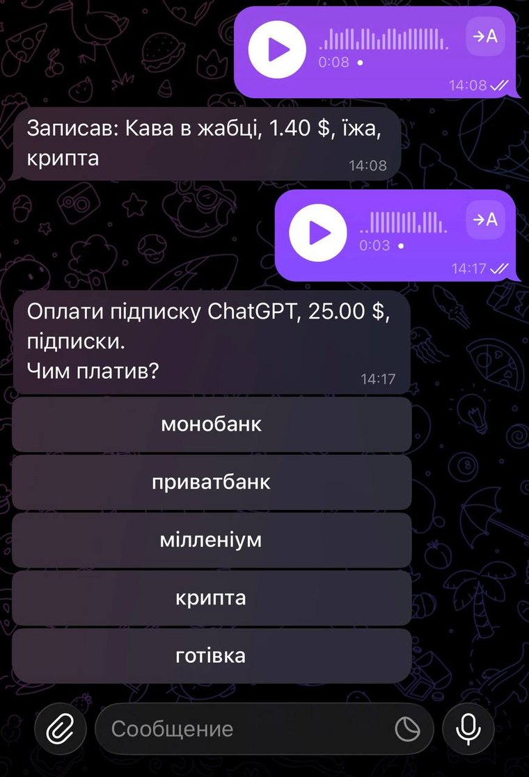 Голосове в телеграмі і відповідь бота: записав каву, 1.40 долара, їжа, крипта
